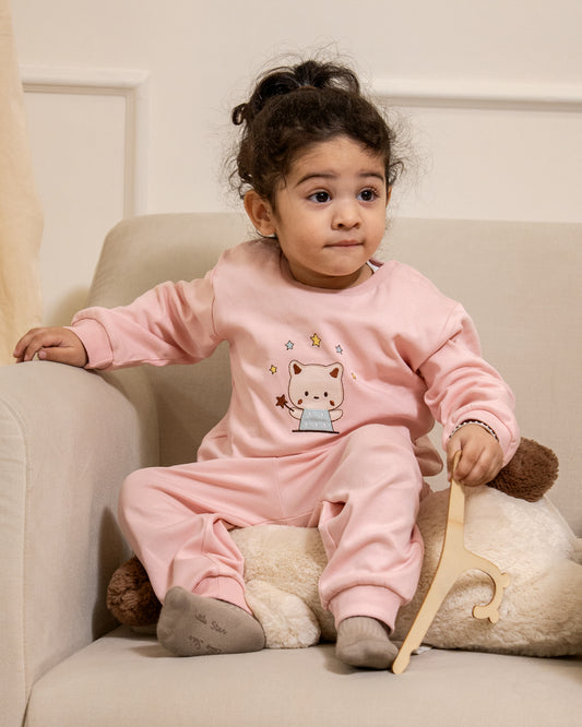 Twingle 100% Organic Cotton Sweatshirt & Joggers Set-Adjustable Waistband-Tag-Free Design-Pastel Pink-Solid-For Infants