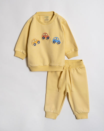 Twingle 100% Organic Cotton Sweatshirt & Joggers Set-Adjustable Waistband-Tag-Free Design-Yellow-Solid-For Infants