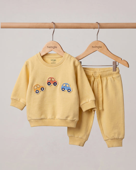 Twingle 100% Organic Cotton Jogger Set-Hypoallergenic Fabric-No Itchy Tags-Soft Elasticated Waistband-Long Sleeves-Solid-Yellow-For Infants