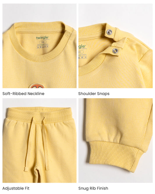 Twingle 100% Organic Cotton Jogger Set-Hypoallergenic Fabric-No Itchy Tags-Soft Elasticated Waistband-Long Sleeves-Solid-Yellow-For Infants