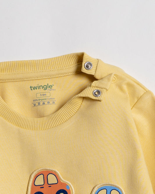 Twingle 100% Organic Cotton Sweatshirt & Joggers Set-Adjustable Waistband-Tag-Free Design-Yellow-Solid-For Infants