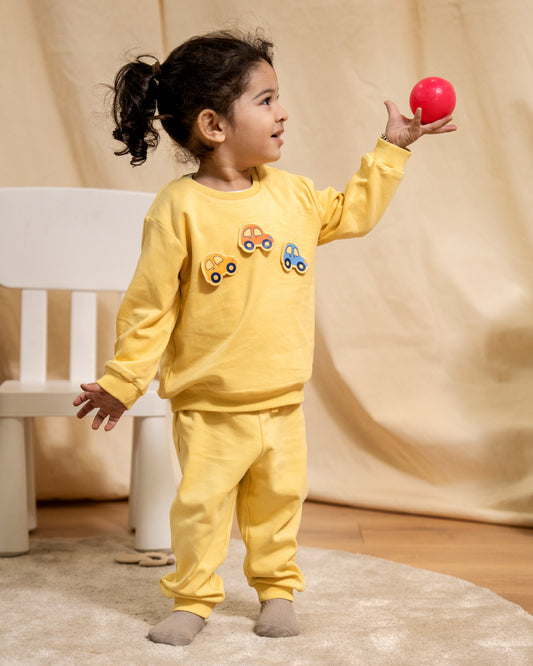 Twingle 100% Organic Cotton Sweatshirt & Joggers Set-Adjustable Waistband-Tag-Free Design-Yellow-Solid-For Infants