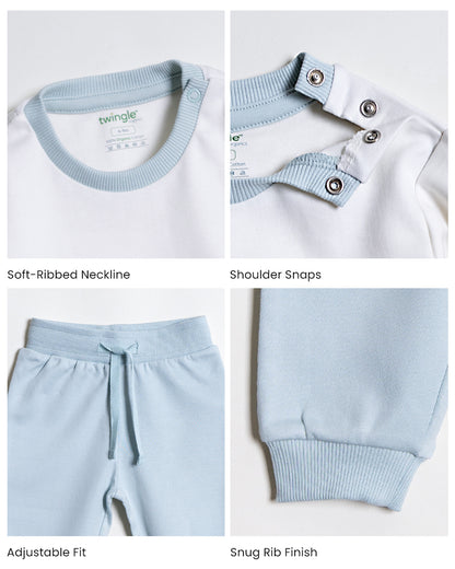Twingle 100% Organic Cotton Jogger Set-Hypoallergenic Fabric-No Itchy Tags-Soft Elasticated Waistband-Long Sleeves-Solid-Light Blue-For Infants