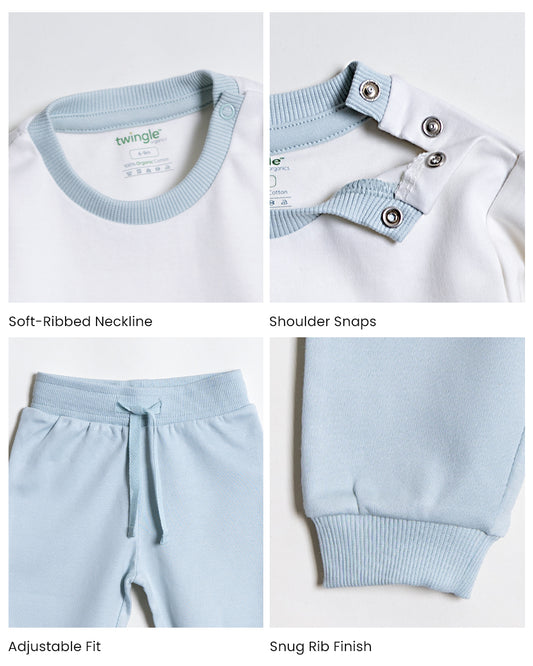 Twingle 100% Organic Cotton Jogger Set-Hypoallergenic Fabric-No Itchy Tags-Soft Elasticated Waistband-Long Sleeves-Solid-Light Blue-For Infants