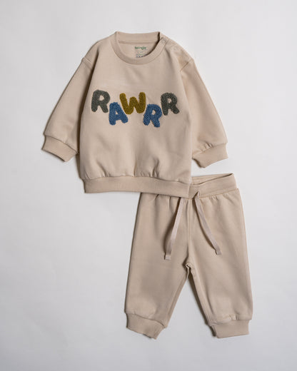 Twingle 100% Organic Cotton Sweatshirt & Joggers Set-Adjustable Waistband-Tag-Free Design-Beige-Solid-For Infants