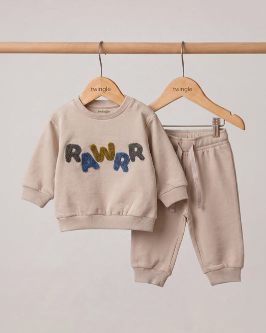 Twingle 100% Organic Cotton Jogger Set-Hypoallergenic Fabric-No Itchy Tags-Soft Elasticated Waistband-Long Sleeves-Solid-Beige-For Infants