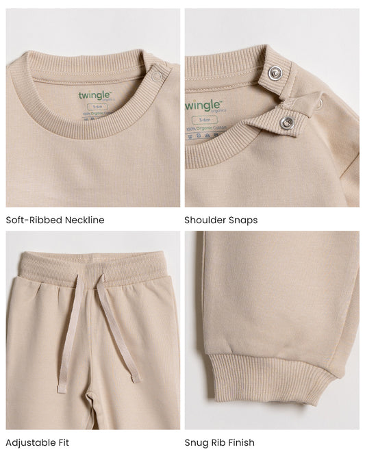 Twingle 100% Organic Cotton Jogger Set-Hypoallergenic Fabric-No Itchy Tags-Soft Elasticated Waistband-Long Sleeves-Solid-Beige-For Infants