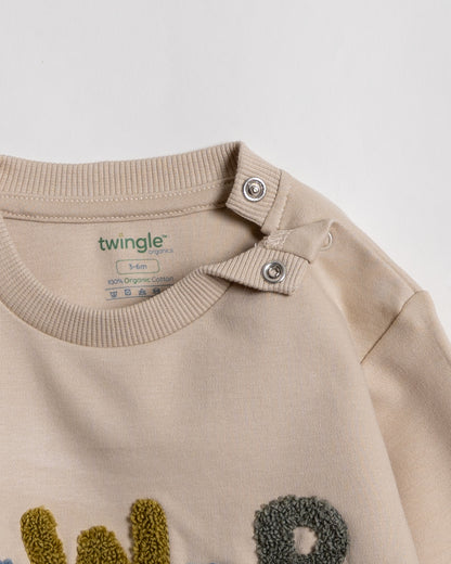 Twingle 100% Organic Cotton Sweatshirt & Joggers Set-Adjustable Waistband-Tag-Free Design-Beige-Solid-For Infants