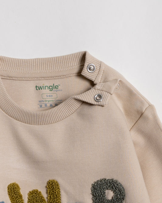 Twingle 100% Organic Cotton Sweatshirt & Joggers Set-Adjustable Waistband-Tag-Free Design-Beige-Solid-For Infants