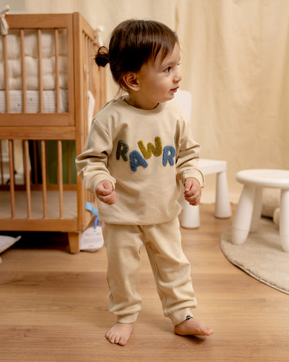 Twingle 100% Organic Cotton Sweatshirt & Joggers Set-Adjustable Waistband-Tag-Free Design-Beige-Solid-For Infants