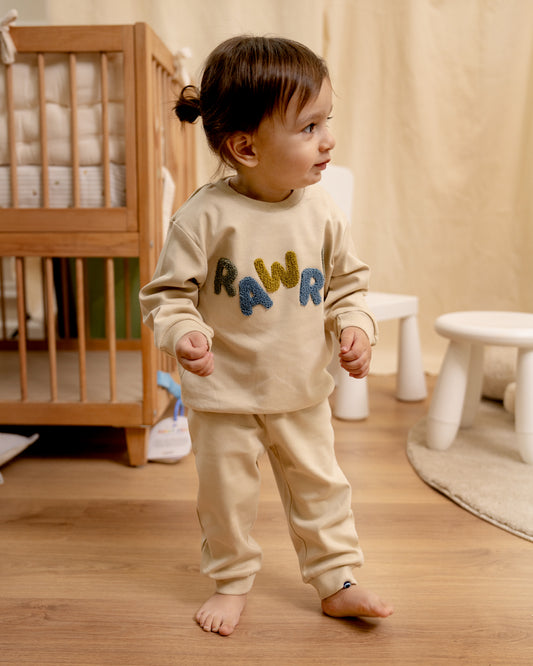 Twingle 100% Organic Cotton Sweatshirt & Joggers Set-Adjustable Waistband-Tag-Free Design-Beige-Solid-For Infants