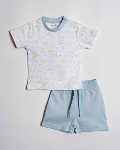 Twingle 100% Organic Cotton T-shirt & Shorts Set-No Itchy Tags-Shoulder Snaps for Easy Dressing-Soft Adjustable Waistband-Short Sleeves-Dino Print-White-For Infants