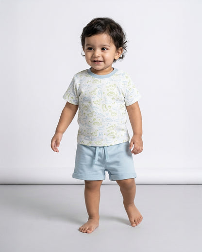 Twingle 100% Organic Cotton T-shirt & Shorts Set-No Itchy Tags-Shoulder Snaps for Easy Dressing-Soft Adjustable Waistband-Short Sleeves-Dino Print-White-For Infants