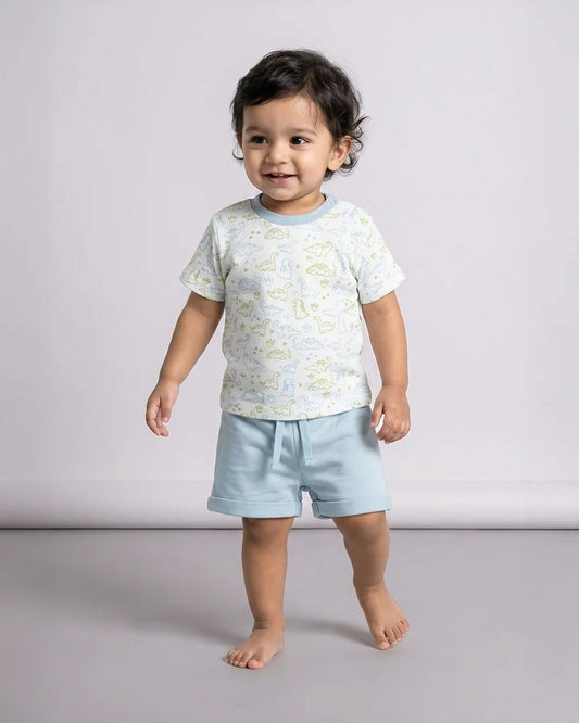 Twingle 100% Organic Cotton T-shirt & Shorts Set-No Itchy Tags-Shoulder Snaps for Easy Dressing-Soft Adjustable Waistband-Short Sleeves-Dino Print-White-For Infants