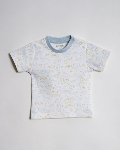 Twingle 100% Organic Cotton T-shirt & Shorts Set-No Itchy Tags-Shoulder Snaps for Easy Dressing-Soft Adjustable Waistband-Short Sleeves-Dino Print-White-For Infants