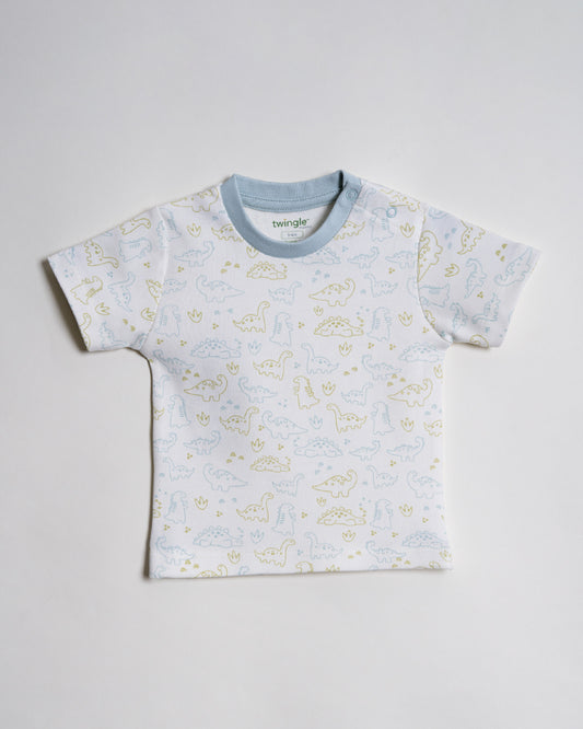 Twingle 100% Organic Cotton T-shirt & Shorts Set-Adjustable Waistband-Tag-Free Design-White-Dino Print-For Infants