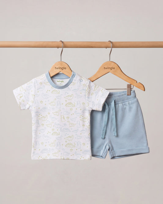 Twingle 100% Organic Cotton T-shirt & Shorts Set-No Itchy Tags-Shoulder Snaps for Easy Dressing-Soft Adjustable Waistband-Short Sleeves-Dino Print-White-For Infants