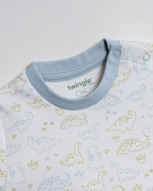 Twingle 100% Organic Cotton T-shirt & Shorts Set-Adjustable Waistband-Tag-Free Design-White-Dino Print-For Infants