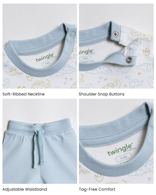 Twingle 100% Organic Cotton T-shirt & Shorts Set-No Itchy Tags-Shoulder Snaps for Easy Dressing-Soft Adjustable Waistband-Short Sleeves-Dino Print-White-For Infants