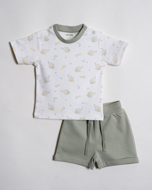 Twingle 100% Organic Cotton T-shirt & Shorts Set-Adjustable Waistband-Tag-Free Design-White-Elephant Print-For Infants