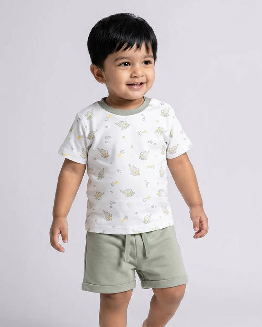 Twingle 100% Organic Cotton T-shirt & Shorts Set-No Itchy Tags-Shoulder Snaps for Easy Dressing-Soft Adjustable Waistband-Short Sleeves-Elephant Print-White-For Infants