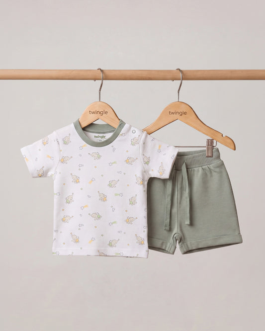 Twingle 100% Organic Cotton T-shirt & Shorts Set-No Itchy Tags-Shoulder Snaps for Easy Dressing-Soft Adjustable Waistband-Short Sleeves-Elephant Print-White-For Infants
