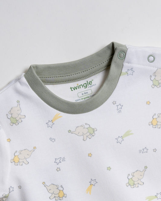 Twingle 100% Organic Cotton T-shirt & Shorts Set-Adjustable Waistband-Tag-Free Design-White-Elephant Print-For Infants