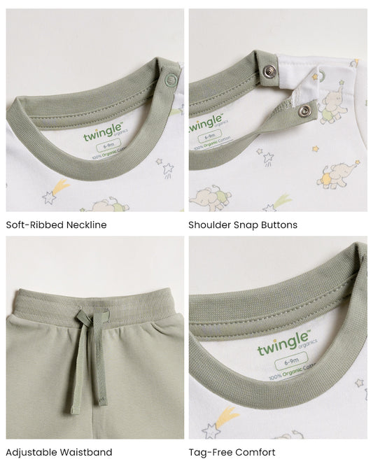 Twingle 100% Organic Cotton T-shirt & Shorts Set-No Itchy Tags-Shoulder Snaps for Easy Dressing-Soft Adjustable Waistband-Short Sleeves-Elephant Print-White-For Infants