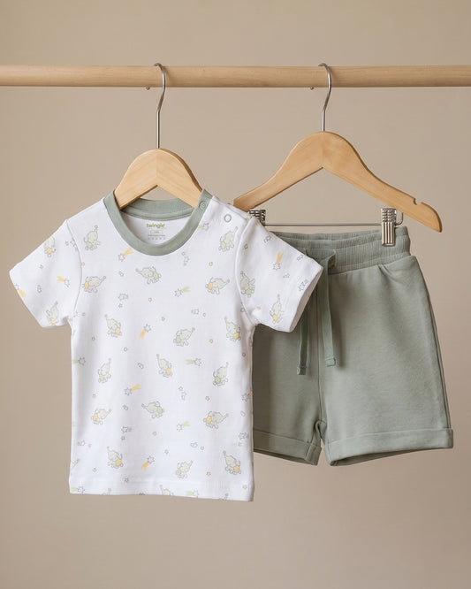 Twingle 100% Organic Cotton T-shirt & Shorts Set-No Itchy Tags-Shoulder Snaps for Easy Dressing-Soft Adjustable Waistband-Short Sleeves-Elephant Print-White-For Infants