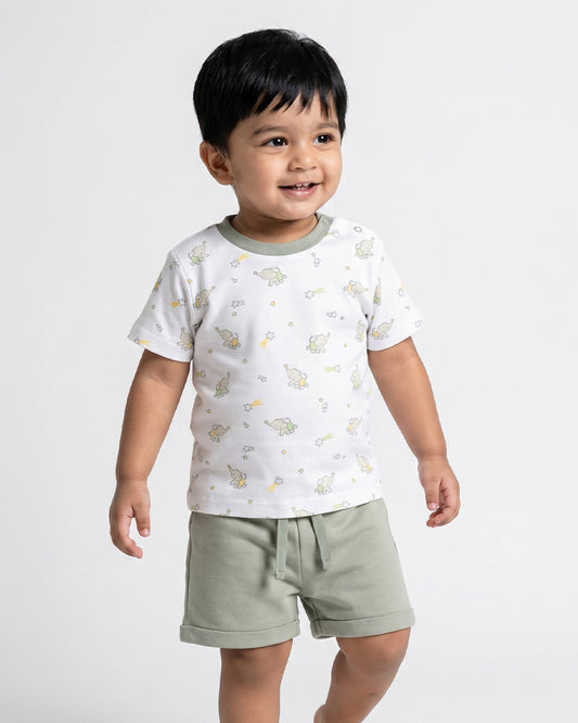 Twingle 100% Organic Cotton T-shirt & Shorts Set-No Itchy Tags-Shoulder Snaps for Easy Dressing-Soft Adjustable Waistband-Short Sleeves-Elephant Print-White-For Infants