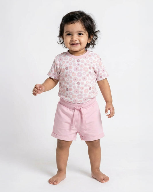 Twingle 100% Organic Cotton T-shirt & Shorts Set-Adjustable Waistband-Tag-Free Design-White-Floral Print-For Infants