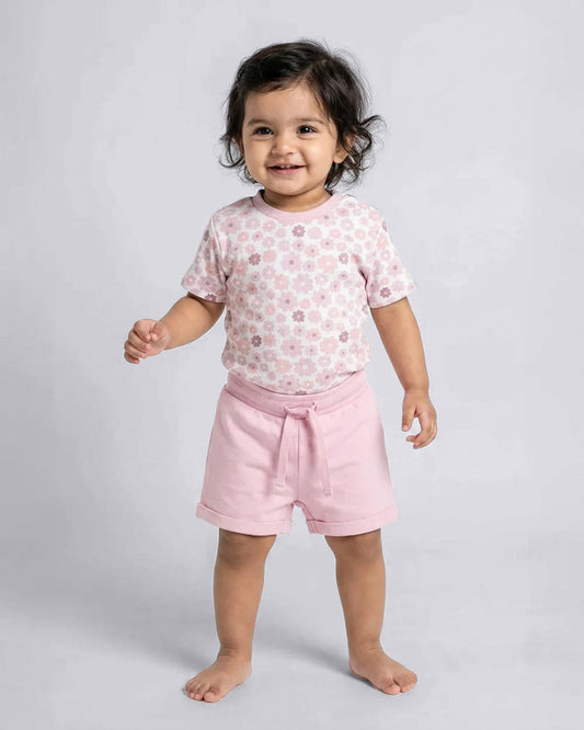 Twingle 100% Organic Cotton T-shirt & Shorts Set-No Itchy Tags-Shoulder Snaps for Easy Dressing-Soft Adjustable Waistband-Short Sleeves-Floral Print-Pastel Pink-For Infants