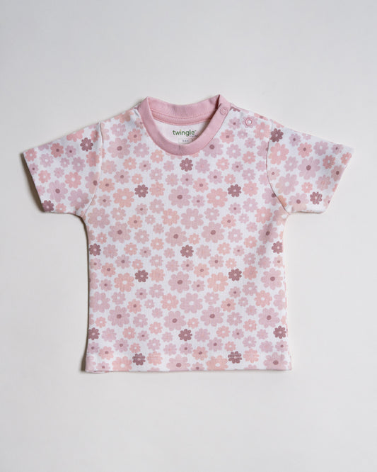 Twingle 100% Organic Cotton T-shirt & Shorts Set-Adjustable Waistband-Tag-Free Design-White-Floral Print-For Infants