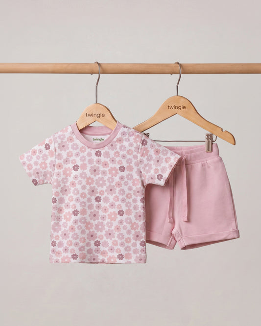 Twingle 100% Organic Cotton T-shirt & Shorts Set-No Itchy Tags-Shoulder Snaps for Easy Dressing-Soft Adjustable Waistband-Short Sleeves-Floral Print-Pastel Pink-For Infants