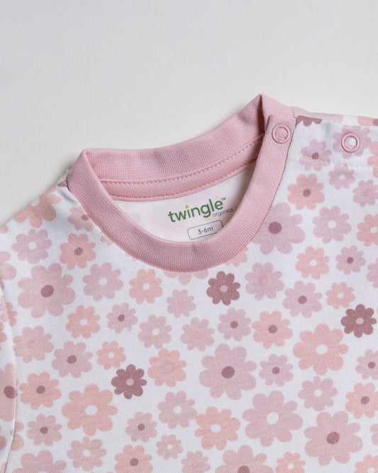 Twingle 100% Organic Cotton T-shirt & Shorts Set-Adjustable Waistband-Tag-Free Design-White-Floral Print-For Infants