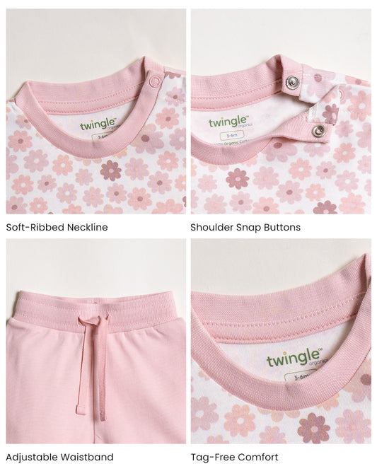 Twingle 100% Organic Cotton T-shirt & Shorts Set-No Itchy Tags-Shoulder Snaps for Easy Dressing-Soft Adjustable Waistband-Short Sleeves-Floral Print-Pastel Pink-For Infants
