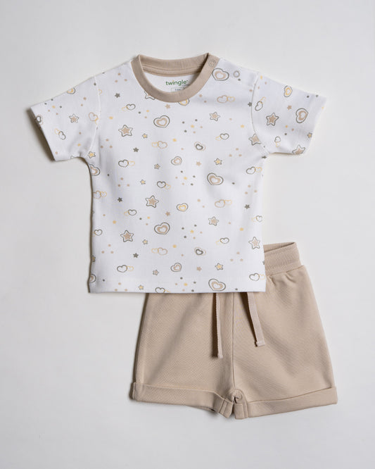 Twingle 100% Organic Cotton T-shirt & Shorts Set-Adjustable Waistband-Tag-Free Design-White-Hearts & Stars Print-For Infants