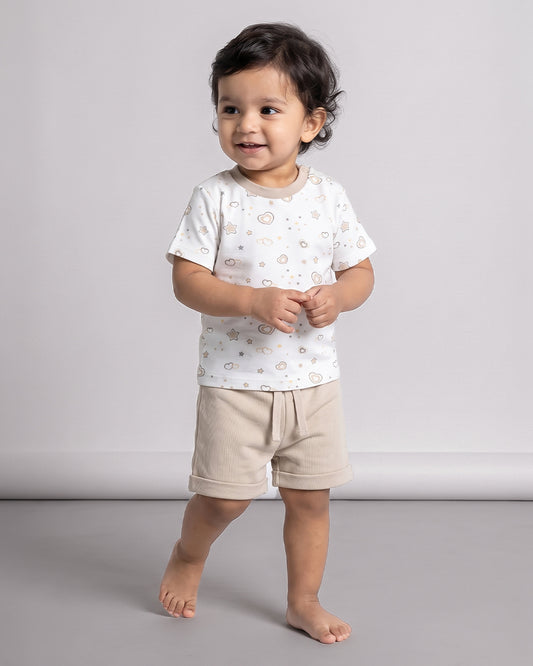 Twingle 100% Organic Cotton T-shirt & Shorts Set-No Itchy Tags-Shoulder Snaps for Easy Dressing-Soft Adjustable Waistband-Short Sleeves-Hearts & Stars Print-White-For Infants