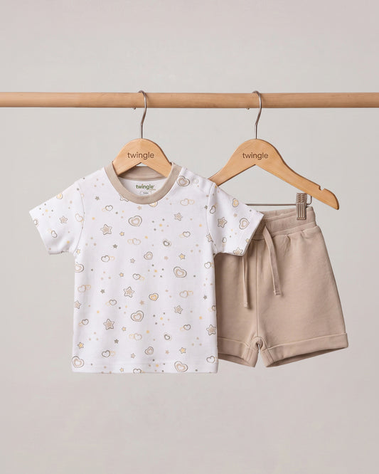 Twingle 100% Organic Cotton T-shirt & Shorts Set-No Itchy Tags-Shoulder Snaps for Easy Dressing-Soft Adjustable Waistband-Short Sleeves-Hearts & Stars Print-White-For Infants