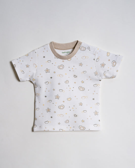 Twingle 100% Organic Cotton T-shirt & Shorts Set-Adjustable Waistband-Tag-Free Design-White-Hearts & Stars Print-For Infants