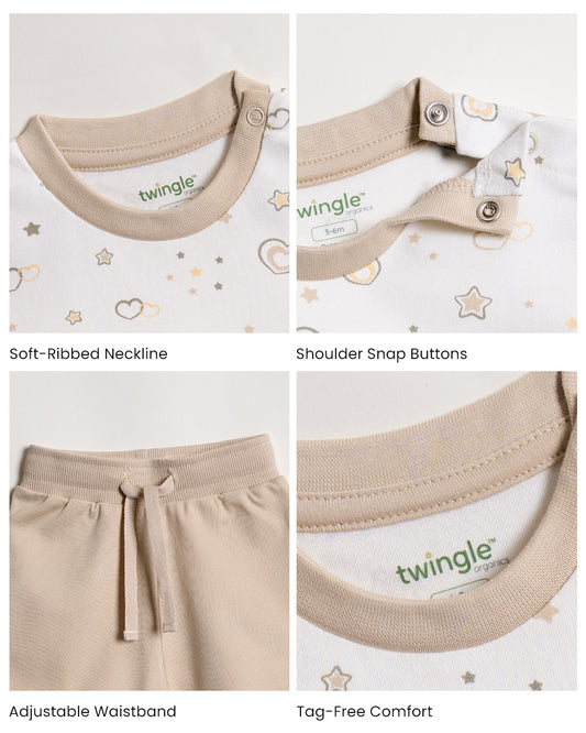 Twingle 100% Organic Cotton T-shirt & Shorts Set-No Itchy Tags-Shoulder Snaps for Easy Dressing-Soft Adjustable Waistband-Short Sleeves-Hearts & Stars Print-White-For Infants