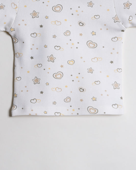 Twingle 100% Organic Cotton T-shirt & Shorts Set-Adjustable Waistband-Tag-Free Design-White-Hearts & Stars Print-For Infants