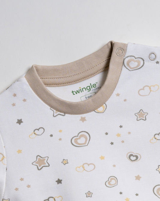 Twingle 100% Organic Cotton T-shirt & Shorts Set-Adjustable Waistband-Tag-Free Design-White-Hearts & Stars Print-For Infants