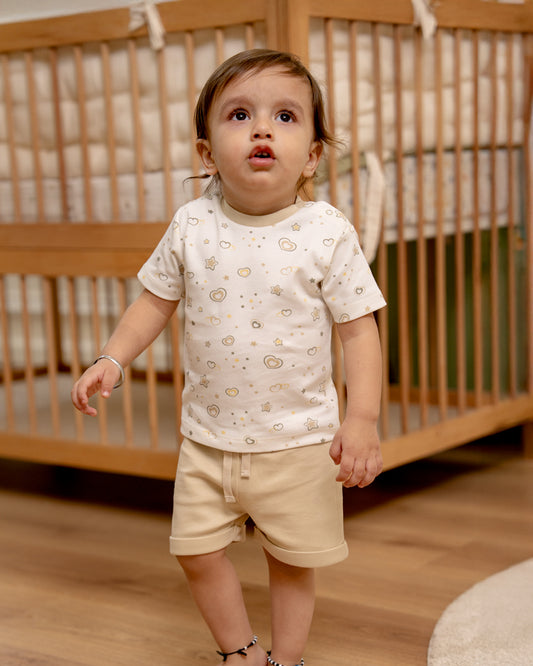Twingle 100% Organic Cotton T-shirt & Shorts Set-Adjustable Waistband-Tag-Free Design-White-Hearts & Stars Print-For Infants