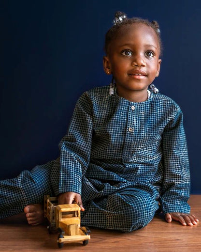 Whitewater Kids Indigo Kurta-Checked Pattern-Organic Cotton-For Infants