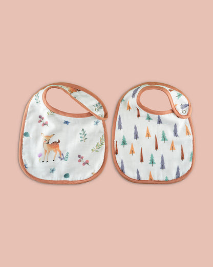 Tiny Snooze Organic Cotton Reversible Bibs-Waterproof Lining With Snap Button-Enchanted Forest-Pack of 2-For Infants