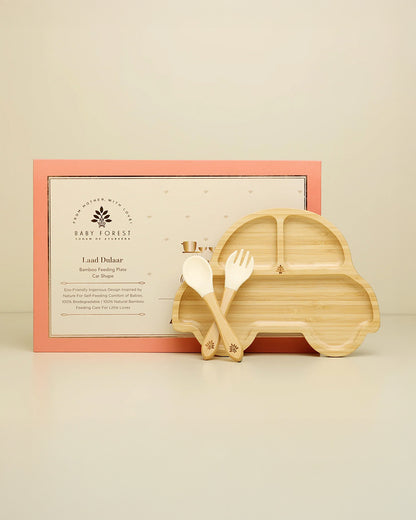 Baby Forest Laad Dulaar Bamboo Plate With Fork & Spoon-Car Shape-With Silicon Suction Base-For Feeding Infants