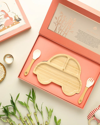 Baby Forest Laad Dulaar Bamboo Plate With Fork & Spoon-Car Shape-With Silicon Suction Base-For Feeding Infants