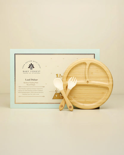 Baby Forest Laad Dulaar Bamboo Plate With Fork & Spoon-Round Shape-With Silicon Suction Base-For Feeding Infants