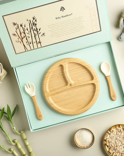 Baby Forest Laad Dulaar Bamboo Plate With Fork & Spoon-Round Shape-With Silicon Suction Base-For Feeding Infants